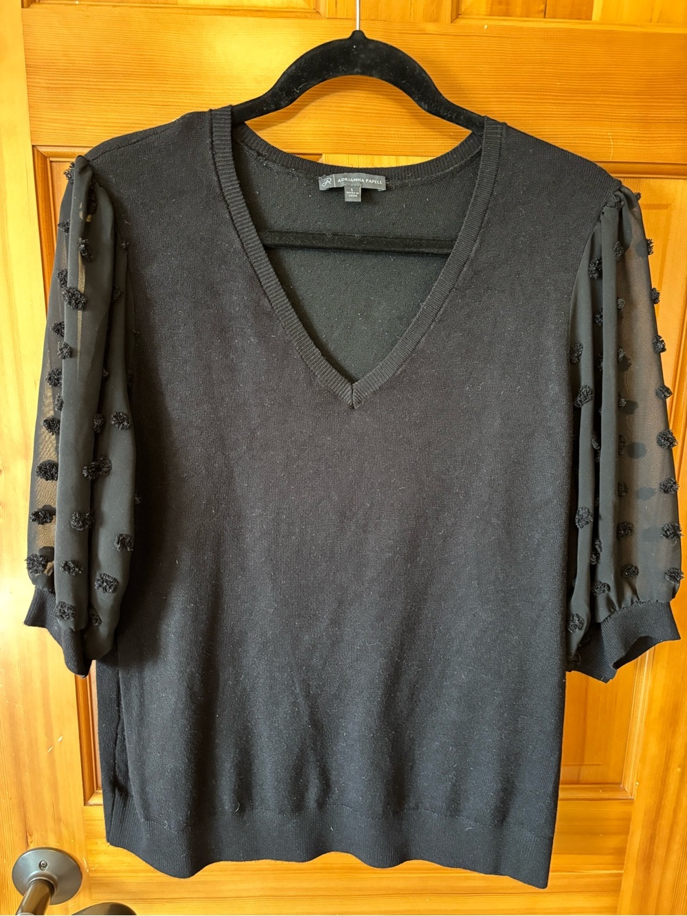 Adrianna Papell Black V-Neck Sweater Top with Sheer Textured Puff Sleeves